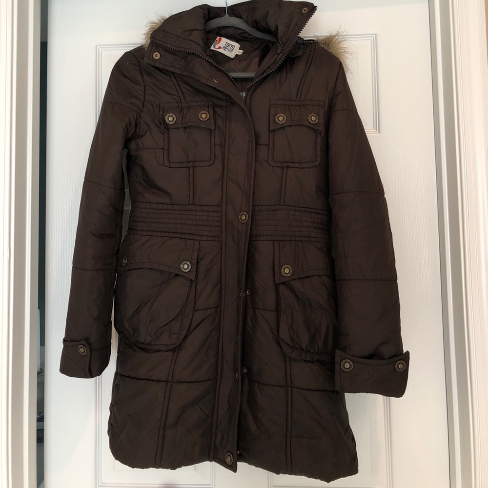 Brown winter coat with detachable faux fur hood